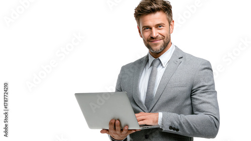 Confident Professional in Business Attire: A distinguished, smiling professional, dressed in a sharp suit and tie, is intently focused on his laptop, exuding an air of expertise and confidence.