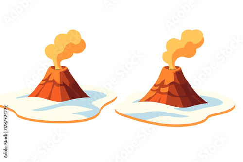 Two erupting volcanoes with smoke above snowy or icy terrain