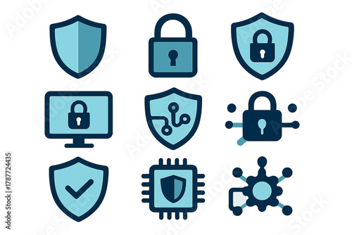 Cybersecurity and data protection icons with shields and locks