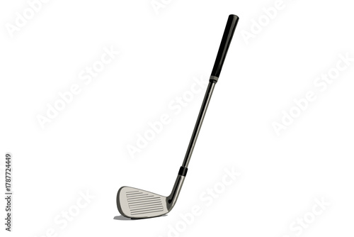 Single golf iron club with black grip isolated on white background