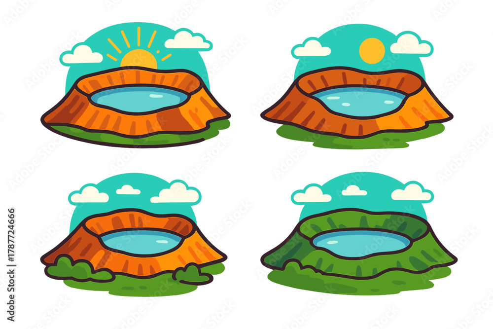 Fototapeta premium Cartoon volcano crater lake icons featuring sun and surrounding clouds