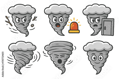 Set of cute cartoon tornado characters with different emotions and actions