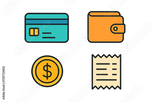 Financial payment and transaction icons set featuring wallet and receipt