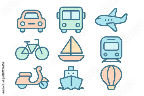 Colorful icons for various transportation and travel modes like car, bus, airplane, and boat