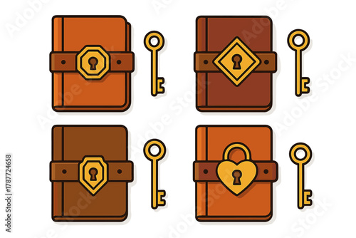 Antique leather bound diary locks and keys icons set