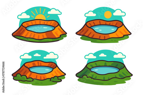 Cartoon volcano crater lake icons featuring sun and surrounding clouds