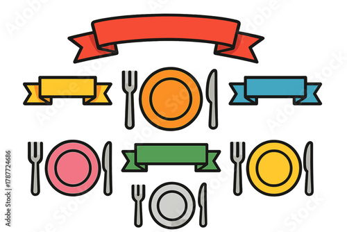 Colorful dining place settings with blank ribbon banners for text