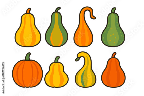 Colorful assortment of decorative gourds and pumpkins icons