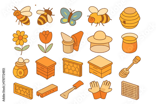 Isometric icons set for beekeeping and honey production elements