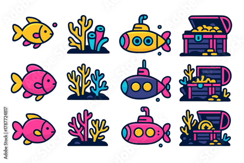 Vibrant cartoon underwater icons featuring fish, submarine, and buried treasure