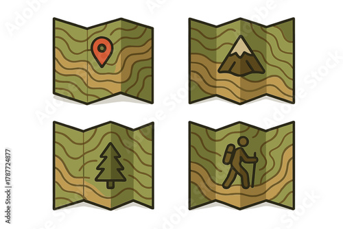 Four stylized icons representing hiking and outdoor navigation maps