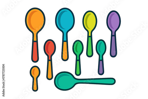 Assortment of colorful eating and serving spoons in various sizes