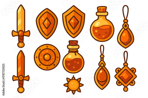 Golden fantasy game icons set with sword shield potion and amulet
