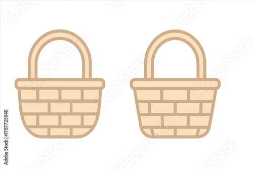 Two simple woven wicker baskets with handles isolated on white background