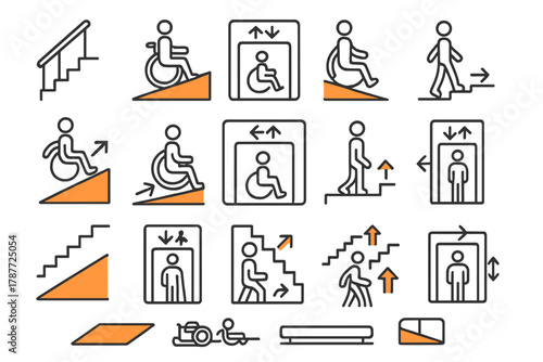 Set of accessibility icons for ramps stairs and elevators