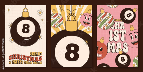 billiard Christmas and New Year cards. Retro 70s xmas design for xmas party invitation. Minimal art banner, poster, cover templates. Vector illustration