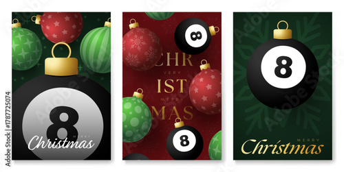 billiard Christmas and New Year banners set. Luxury Modern xmas design for xmas party. Minimal art banner, poster, cover templates. Vector illustration