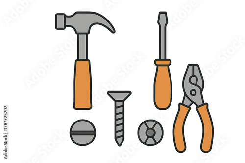 Set of basic hand tools and fasteners icons for repair and construction