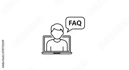 Vector art of a simple line drawing of a person using a laptop with a speech bubble containing the letters faq