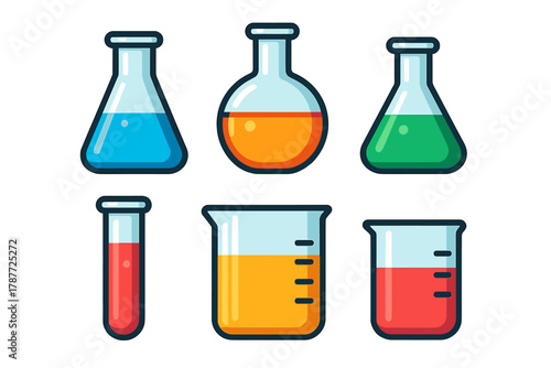 Colorful laboratory glassware and chemical liquids icons set