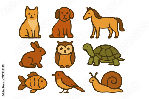 Set of nine cute cartoon farm and wild animal icons