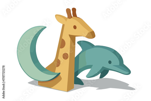 Stylized giraffe dolphin and crescent moon abstract composition
