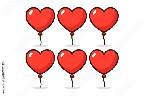 Six bright red heart shaped balloons with strings floating upwards