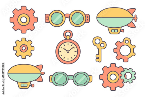Flat design steampunk icons featuring gears, goggles, and airships