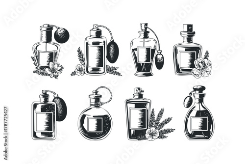 Collection of Vintage Perfume Bottles with Flowers