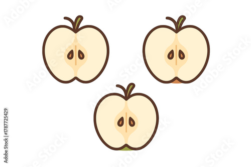 Three cross section views of fresh halves with seeds and stem detail