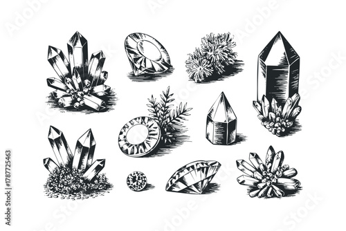 Collection of hand-drawn crystals and gemstones on white background