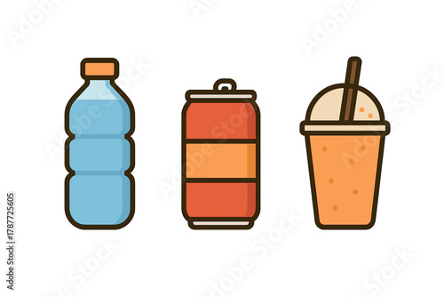 Assortment of beverage containers: water bottle, soda can, and smoothie cup