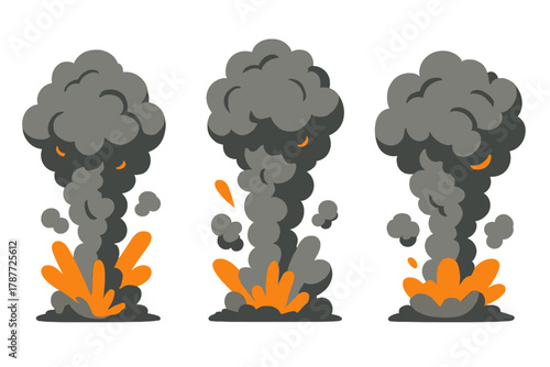 Three sequential stylized cartoon explosion smoke cloud stages