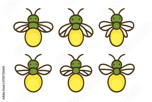 Set of six cute firefly icons with glowing abdomen