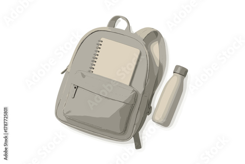 Minimalist grey backpack with notebook and reusable water bottle overhead