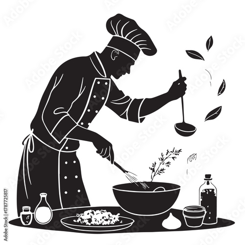 Black Chef Cooking Scene Silhouette Vector, High Quality Illustration on White Background