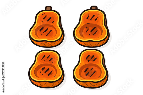 Four Halved Grilled Butternut Squash Pieces Showing Grill Marks