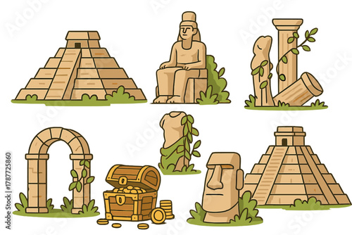 Ancient ruins and treasure icons featuring pyramids and stone statues