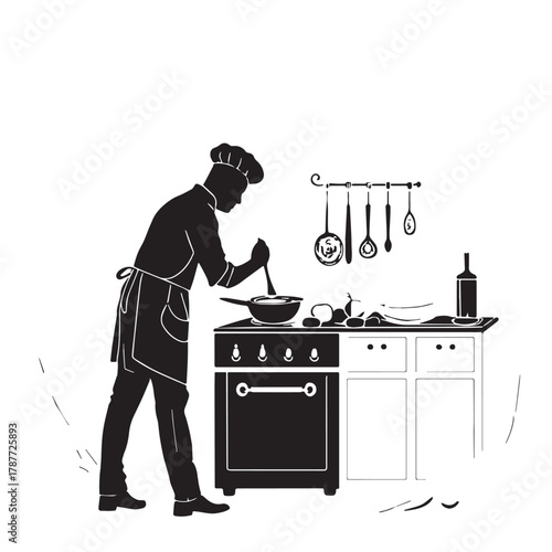Black Chef Cooking Scene Silhouette Vector, High Quality Illustration on White Background