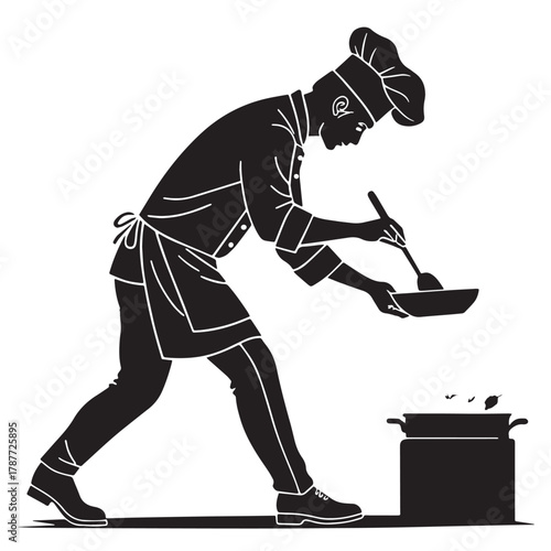 Black Chef Cooking Scene Silhouette Vector, High Quality Illustration on White Background