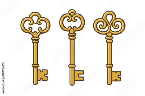 Three ornate antique golden skeleton keys with intricate handles