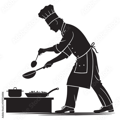 Black Chef Cooking Scene Silhouette Vector, High Quality Illustration on White Background