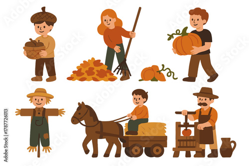 Cute characters performing various seasonal autumn harvest farm activities