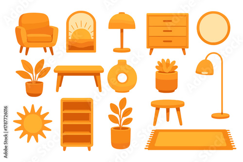 Collection of orange bohemian style home furnishing and decor icons