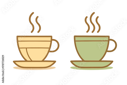 Two steaming hot beverage cups with saucers in simple flat design