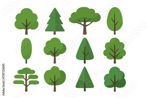Stylized green deciduous and coniferous tree icons collection