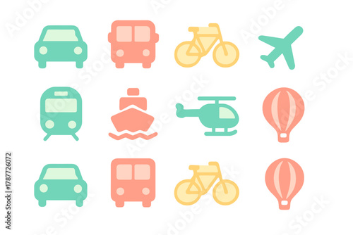 Stylized icons representing diverse modes of transportation and travel