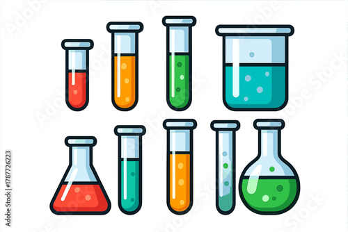 Colorful assortment of laboratory glassware containing chemical liquids