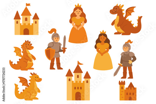Fantasy medieval castle icons featuring fairytale characters and mythical creatures
