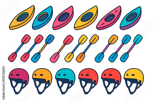 Colorful icons of kayaks paddles and safety helmets for water sports